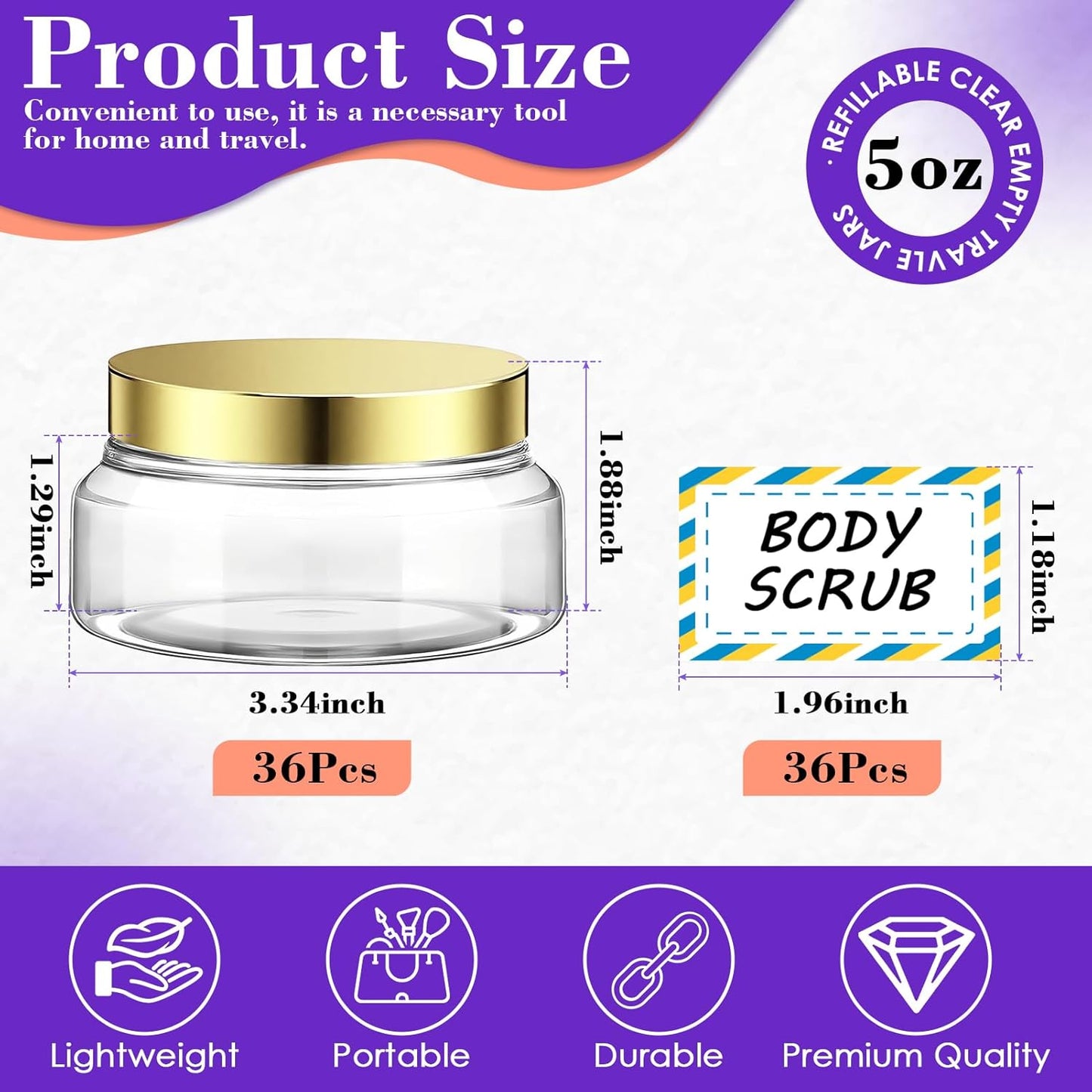 36 Pack 5 oz Plastic Cosmetic Containers With Lids Refillable Clear Empty Travle Jars Containers for Body Butter,Sugar Scrubs,Cream,Lotions,Candy, Waterproof Label&Spatulas - (Rose Gold Lid)