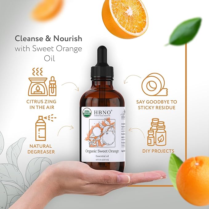 HBNO Organic Orange Essential Oil - Huge 4 oz (120ml) Value Size - USDA Certified Organic Orange Essential Oil, Cold Pressed for Aromatherapy, Soap Making, DIY, Diffuser