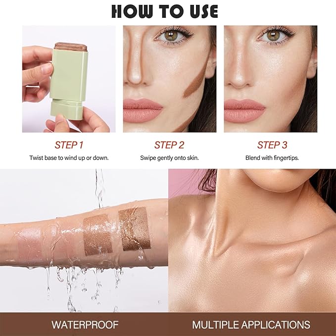 Cream Contour Stick, Face Cream Bronzer Makeup Stick Shimmer Highlighters Body Stick Blendable Long Lasting Highlighter Stick Silky Smooth Formula (1#, Warm Glow)