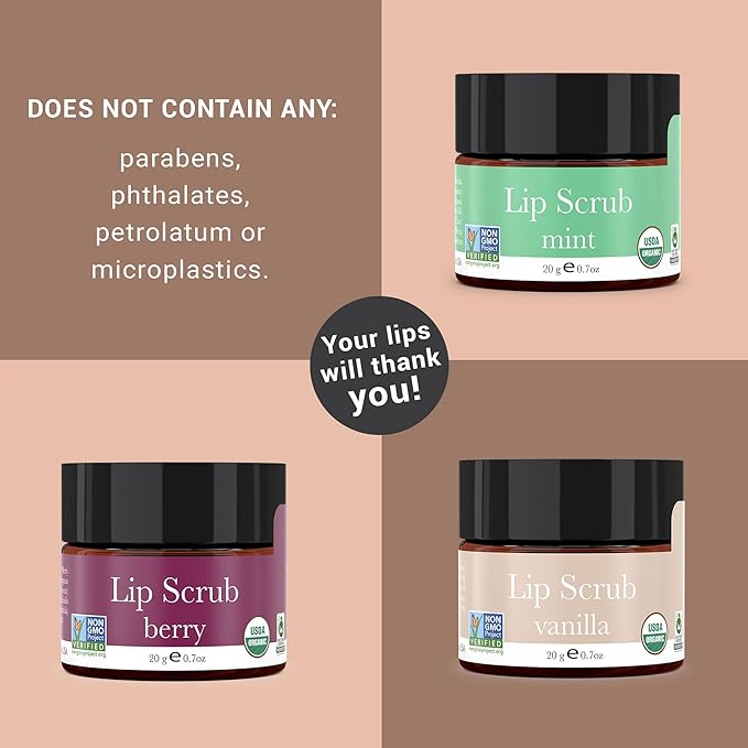 Organic Lip Scrub Vanilla - USA Made Exfoliating Lip Scrub with Natural & Organic Ingredients, Moisturizing Lip Exfoliator Scrub for Dry Lips, Lip Scrubber Exfoliator & Sugar Scrub for Smooth Lips