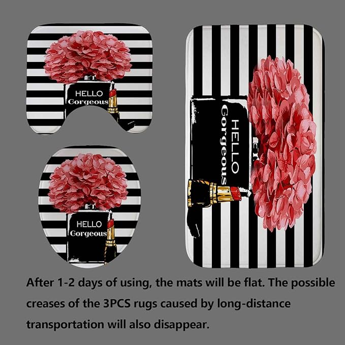 4PCS Hello Gorgeous Shower Curtain Set Watercolor Red Floral Black and White Striped Perfume Lipstick Makeup Vintage Modern Fashion Women Bathroom Decor Non-Slip Bath Mat Toilet Rug, Hydrangea