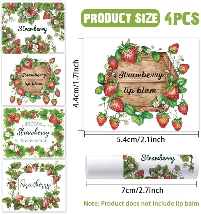 OLYCRAFT 100Pcs Self-Adhesive Lip Balm Tag Stickers 2.1x1.7 inch Waterproof Adhesive Label with Strawberry Rectangle Lipstick Tag Sticker for Lip Balm Container Tubes Lipstick Wrapping Decoration