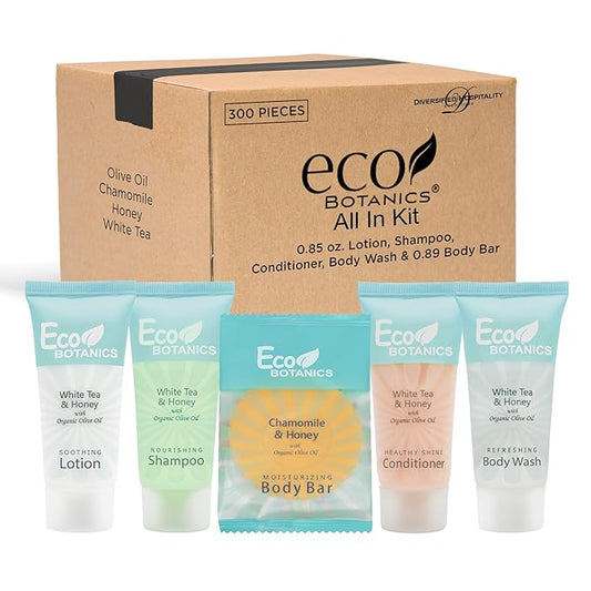 Eco Botanics Hotel Soaps & Toiletries Bulk Set | 0.85oz Hotel Shampoo & Conditioner, Body Wash, Body Lotion & Bar Soap Travel Size | 300 Pieces