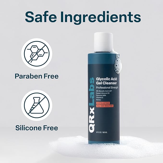 QRxLabs Glycolic Acid Face Wash – Gentle Exfoliating Gel Cleanser for Smoother Looking Skin – Helps Improve Texture & Hydration – Ideal for Blemish-Prone Skin and Ingrown Hairs – 6 oz