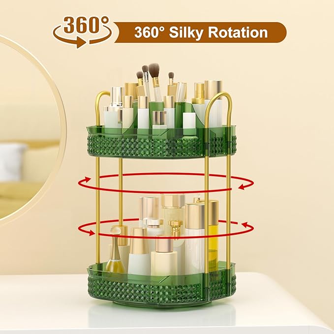 360° Rotating Makeup Organizer 2 Tier, Large Skincare Clear Make Up Storage Spinning Perfume Organizers for Bathroom Counter Dresser, Green