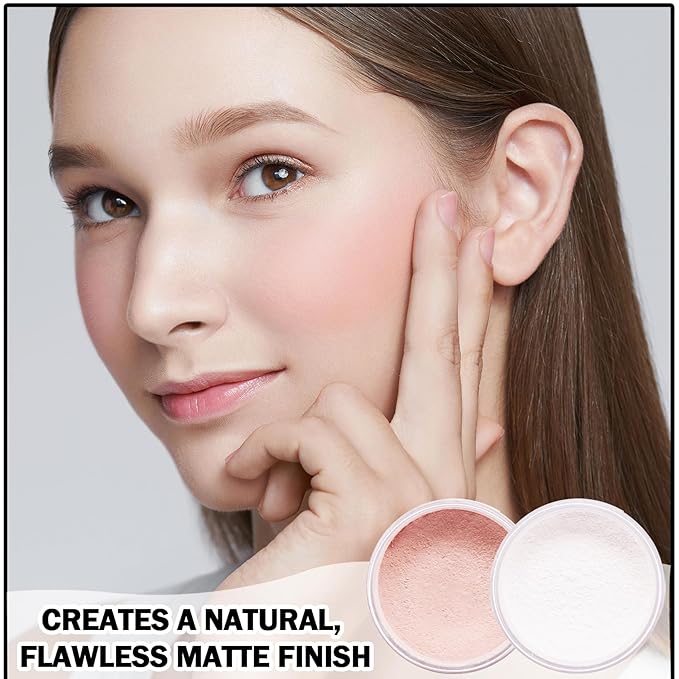 2PCS Setting Powder Loose Face Powder Matte Soft Smooth Oil Control Long Lasting Loose Setting Powder Makeup for Natural Flawless（01#Translucent+02# Pink Complexion）