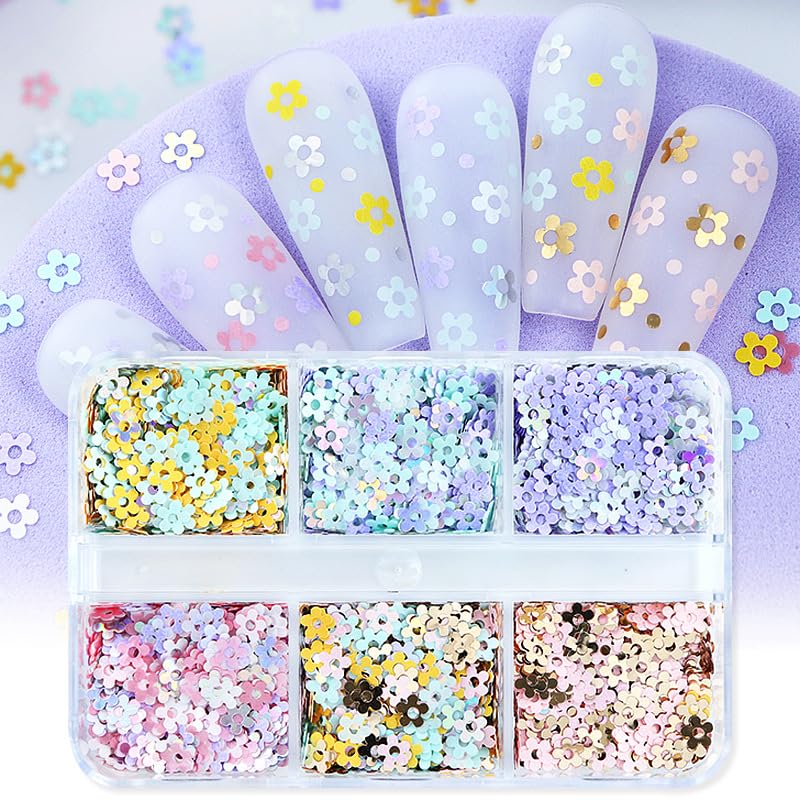 6 Grids Hollow Plum Flower Sequins for Nail，Mixed Colorful Floral Nail Flakes 3D Confetti Flowers Nail Glitter Shiny Flower Nail Flakes Acrylic Nails Supplies for Women Girls Manicure Decorations