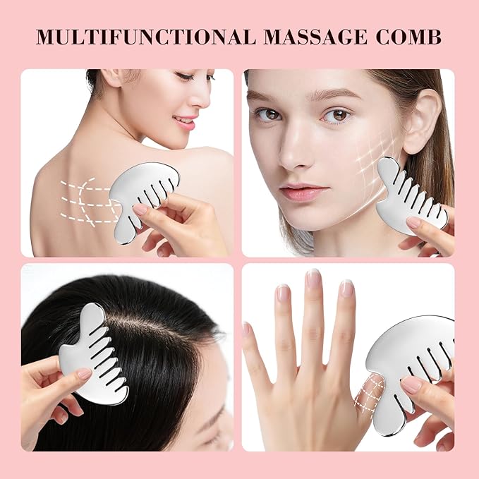 Gua Sha Facial Tool and Face Roller Set, Stainless Steel Lymphatic Drainage Massager for Face, Head, Eyes, Chin and Jaw, Lifting, Massage Scraping with Travel Pouch