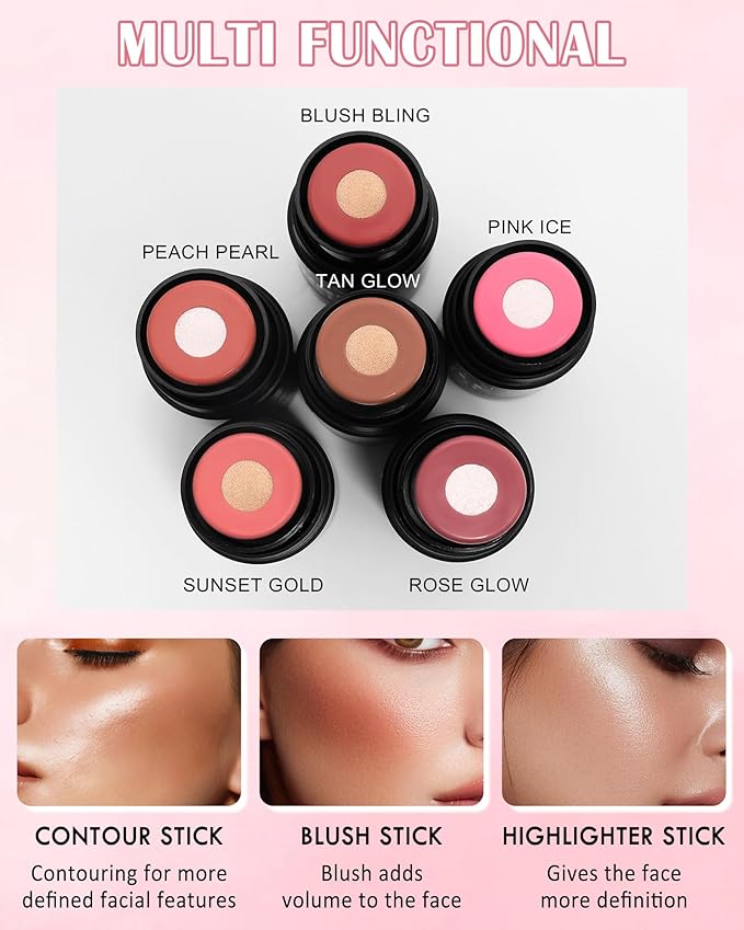 Cream Blush Stick Makeup for Cheeks, Natural Matte Finish Blush Bronzer Contour Sticks, Long Lasting Waterproof Lightweight Creme Blush Highlighter Contouring Stick, Face Shaping Makeup for Women-01