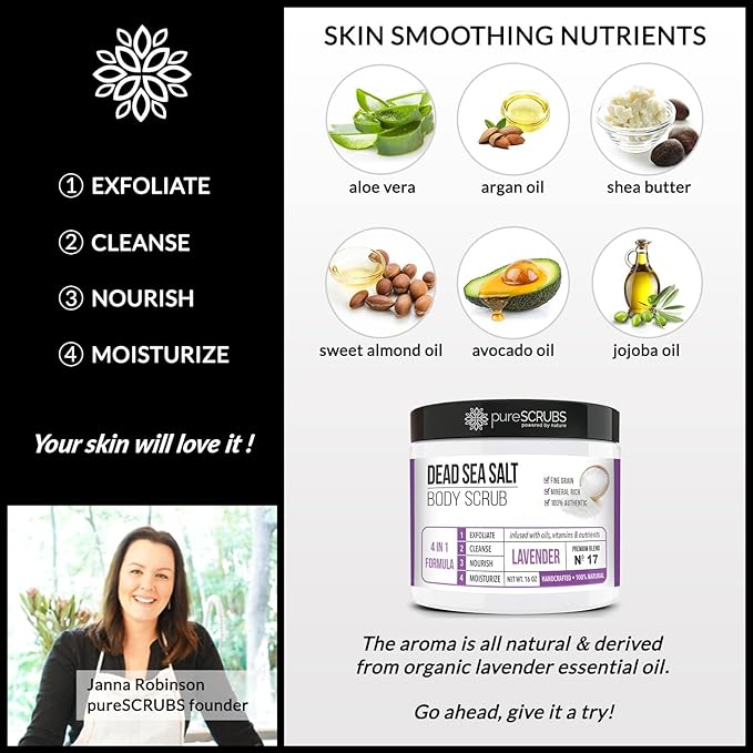 pureSCRUBS Premium Lavender Body Scrub Set - Large 16oz Dead Sea Salt Body Scrub With Infused Essential Oils & Nutrients, Includes Wooden Spoon, Loofah & Oatmeal Exfoliating Bar Soap