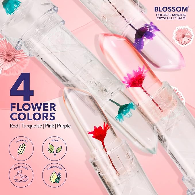 Blossom Moisturizing Custom Color Changing 2 pack, Strawberry Scented Crystal Lip Balm (Red), Shimmer Sparkle Lip Stain Tint (Blush), Infused with Real Flowers, 6g, Red/Blush