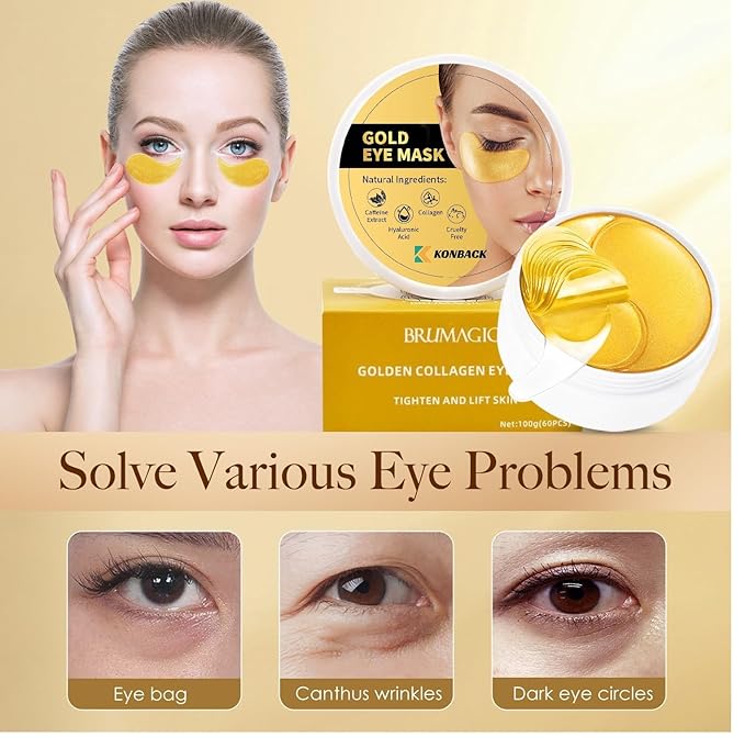 24K GOLD Eye Mask - 60 Pcs Collagen Under Eye Mask,Puffy Eyes and Dark Circles Treatments, Reduce Wrinkles and Fine Lines Undereye (Gold, 1)
