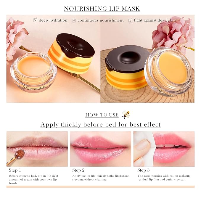 2Pcs Bee Lip Balm Honey Pot, Bee Honey Lip Sleeping Mask Overnight Repair Lip, Moisturizing Lip Mask Bee Lip Balm Pot with Wand, Hydrate Nourish Lips Lip Scrubs Exfoliator