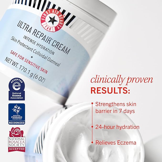 First Aid Beauty - Ultra Repair Cream, Intense Hydration Whipped Colloidal Oatmeal, Clinically Proven to Strengthen Skin Barrier in 7 Days & Helps Relieve Eczema, Luxury Face & Body Moisturizer, 8 oz