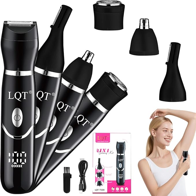Electric Bikini Trimmer for Women,Led Power Display Removal for Body Nose Hair Trimmer Face Shavers Eyebrow Legs Armpit Bikini Area Pubic Underarms Rechargeable Portable 4 in 1 Womens Razors Set