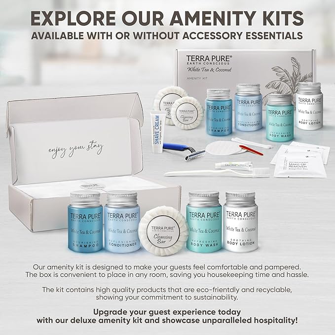 Terra Pure White Tea & Coconut Amenity & Accessory Kit |1 oz Travel Size Shampoo, Conditioner, Lotion, Body Wash, 2 Cleansing Bars, Shave & Dental Sets, Make-Up Remover Wipes, & Vanity Kit | 1 Box