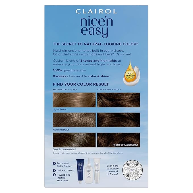 Clairol Nice'n Easy Permanent Hair Dye, 4 Dark Brown Hair Color, Pack of 3
