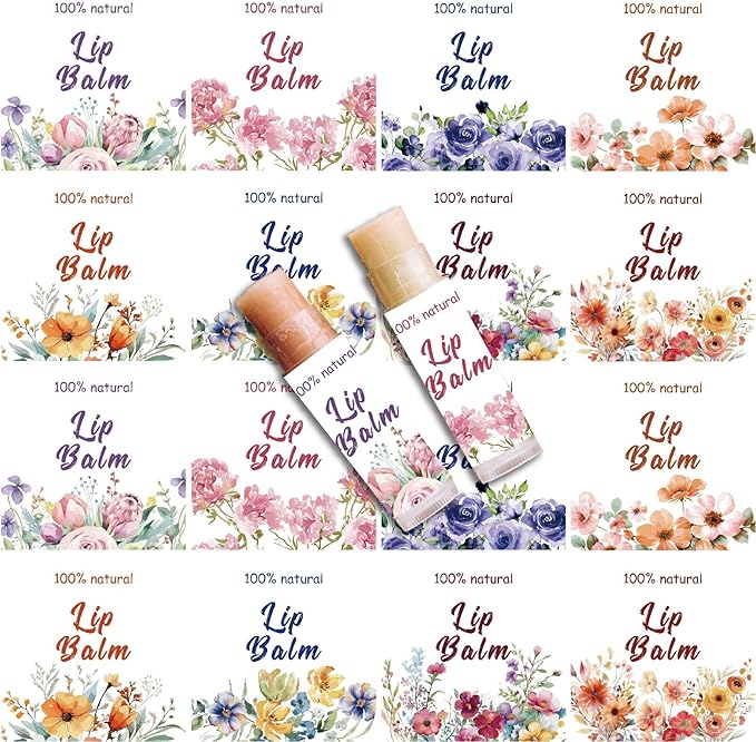 CRASPIRE 80Pcs 8 Styles Lip Balm Sticker Flower Self-Adhesive Homemade Lip Balm Labels Vintage Square DIY Plant Label Stickers for Lip Balm Containers Cosmetics Lipsticks