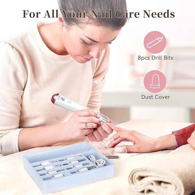 Electric Nail Drill, 8-in-1 Cordless Electric Nail File with LED Light, 5 Speeds Rechargeable Manicure and Pedicure Kit Hand Foot Care Tool for Nail Grinder Trim Polish for Women Baby