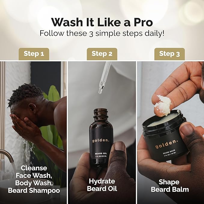 Golden Grooming Co. Everyday Grooming Bundle for Textured Hair & Melanin-Rich Skin | Essential Beard & Skincare Kit with Beard Shampoo, Face Wash, Beard Oil, Body Wash & Beard Balm