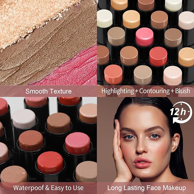 3 Pcs Face Contour Stick Kit, Matte Finish Face Stick Trio with Bronzer Blush Highlighter and Brush, Long Lasting Waterproof Cream Beauty Wand Makeup Set for Sculpt Glowing Face Look (#3, 9, 12)