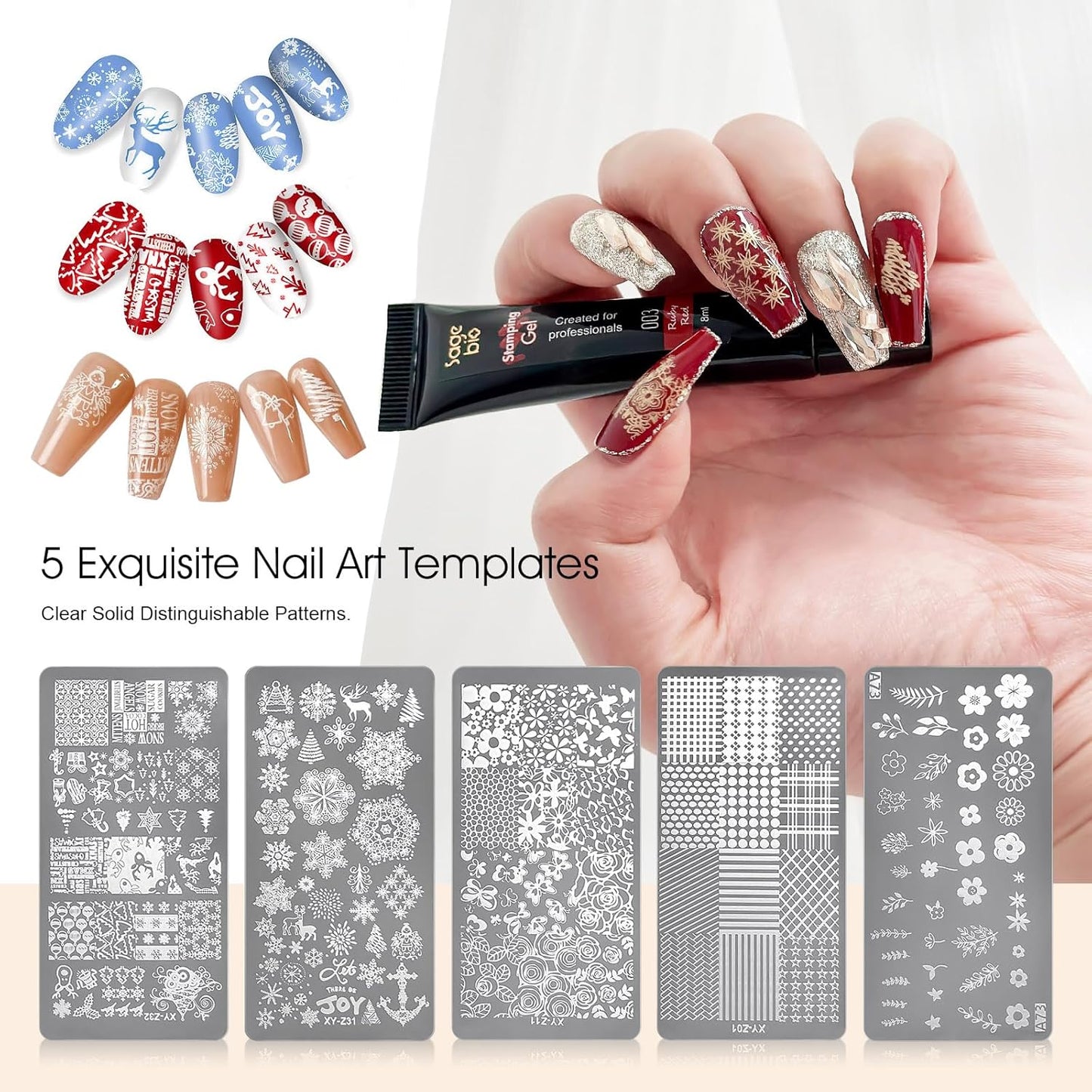 8 Colors Nail Stamping Polish Gels +5Pcs Stamp Print Templates+A set of Stamper with Scraper, Stamping Nail Polish Art Set Manicure Gift Collection
