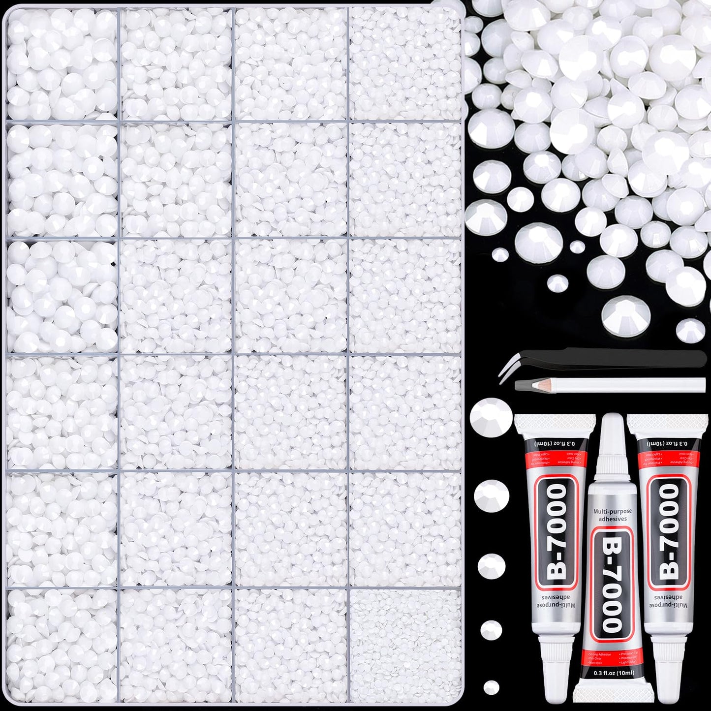 30000Pcs Resin White Rhinestones for Bedazzling Crafting with b7000 Jewelry Glue, Bulk Flatback Gems Bedazzler Kit for Crafts Clothes Shoes Fabric Nail Diamond Art, Assorted Size 2/3/4/5/6mm