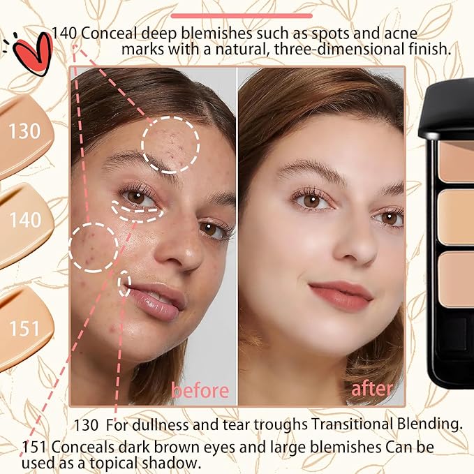 3 Colors Corrector Palette,Moisturizing Long Lasting Waterproof Cream Contour Makeup Palette,Color Correcting Concealer,Natural Flawless Full Coverage Liquid Foundation Set with Makeup Brushes