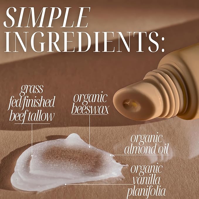 All Natural Tallow Lip Balm Squeezable Tube - Grass Fed/Finished Beef Tallow + Organic Beeswax & Vanilla Essential Oil .5 OZ (Vanilla Dream)