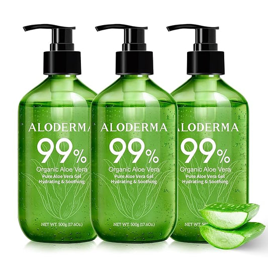 Aloderma 99% Organic Pure Aloe Vera Gel Made within 12 Hours of Harvest, 17.6oz Value Pump, Lightweight Non-Sticky Aloe Vera Gel for Sunburn Relief, Natural, Soothing Aloe Vera for Face & Hair, 3-Pack