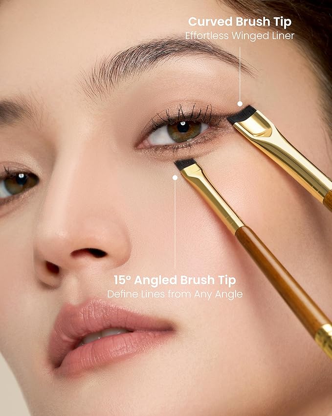 Desert Oak Series Precision Thin Eyeliner Brush - Dual-Ended Angled & Concave Tips for Winged Lines/Tightlining, Gel & Liquid Liner Compatible, Ebana Handle (CM 161)