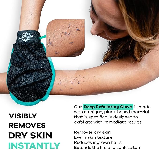 Dermasuri Deep Exfoliating Glove for Shower - Scrubbing Mitt Body Scrubber Gloves Skin Exfoliator & Eliminates Dead Skin - Keratosis Pilaris Scrub Spray Tan Remover - Korean Skincare for Body (2 Pack)