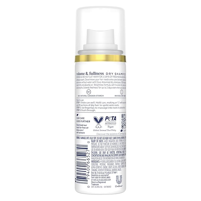 Dove Advanced Dry Shampoo Volume & Fullness Refresh & Revive Flat Hair Without Water for 2 Days of Freshness & Bounce 1.15 oz