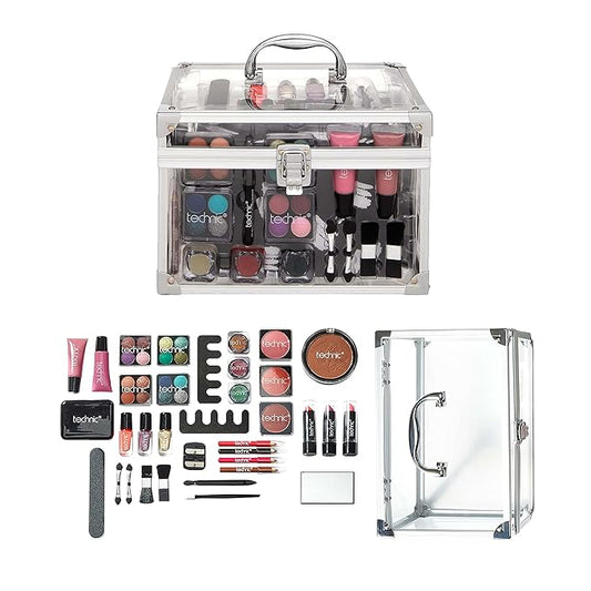 36 Pcs Clear Carry All Full Make Up Kit In a Trunk Train Case Including Makeup Brushes, Eye Shadows, Nail Polish, Blushers, Lipsticks and More