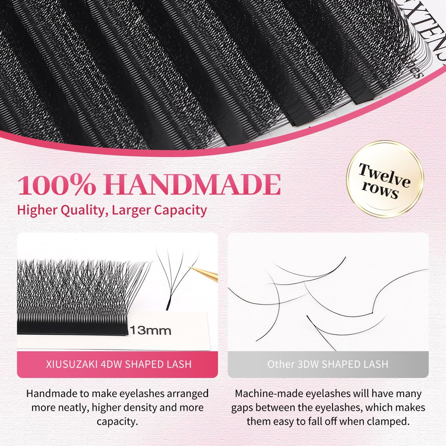 W Lash Extensions Supplies 4D Eyelash Extensions W Shape 0.07mm Thickness C Curl 9mm Premade Fans Easy Fan Lashes Volume Matte Black 12 Rows Crisscross Eye Lashes(W-4D-0.07-C,9mm)