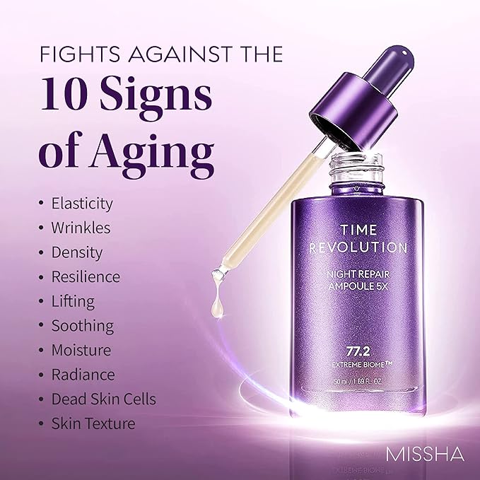 MISSHA Time Revolution Night Repair Face Serum Ampoule (5th Gen) - Overnight Probiotic Skincare for Revitalization and Radiance, 1.69 Fl Oz