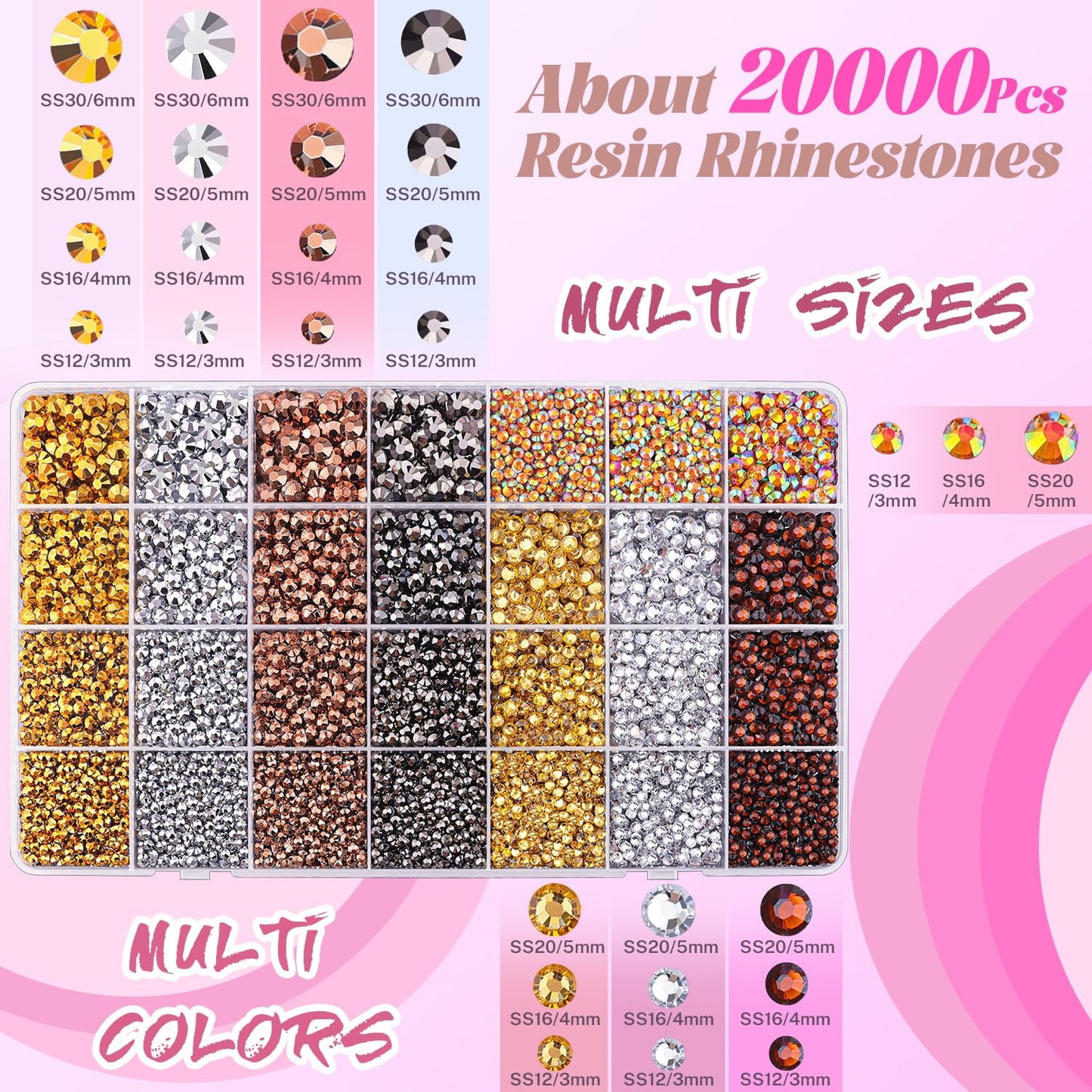 20000Pcs Metallic Rhinestones for Bedazzling with 1Pcs B7000 Jewelry Glue, Resin Rhinestones for Crafting Crafts DIY, Bedazzler Kit Gems for Clothing Shoes Tumblers Nail Art Assorted Size 3/4/5/6mm