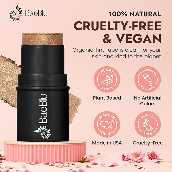 Organic Blush Tube, Brandy - 100% Natural Vegan Cream Blush Sticks, Multi-Use Bronzer, & Highlighter for Lips, Cheeks & Eyes, Buildable Shimmer, Gluten-Free, Paraben-Free, Made in USA