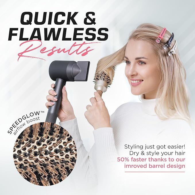 Fagaci Professional Round Brush with Natural Boar Bristle for Blow Drying, Nano Technology Ceramic + Ionic for Voluminous Healthy Hair Styling | Includes 4 Styling Clips