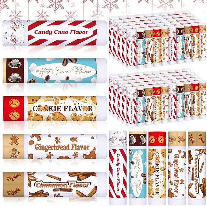 50 Pcs Christmas Lip Balms Gifts Bulk Cane Hot Cocoa Cookie Cinnamon Gingerbread 5 Assorted Flavor Holiday Party Treat Goodie Bags Stuffers Small Gifts for Friends Neighbors Colleagues