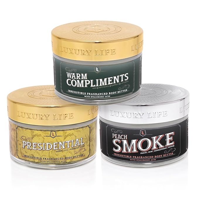 LUXURY LIFE BUTTER - Irresistibly Scented Body Butter with Hyaluronic Acid for Ultimate Moisture. Hydrates for a Non-Greasy Glamorous Glow (Presidential, Peach Smoke, Warm Compliments 5 oz)