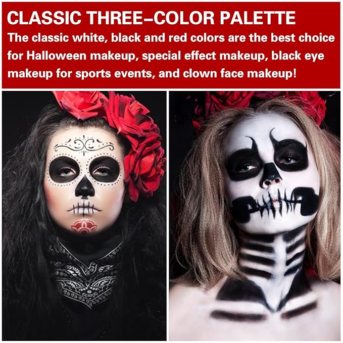 3 Colors Black White Red Face Body Paint Clown Makeup Palette Professional Face Paint for Halloween Cosplay Sfx Joker Zombie Vampire Makeup
