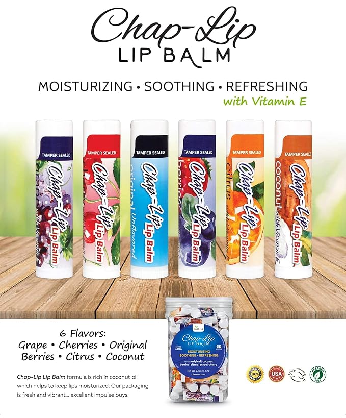 Vitamin E with Coconut Oil - Lip Moisturizer Treatment - Moisturizing, Soothing, & Refreshing, Total Hydration Treatment & Lip Therapy - Assortment of 6 Refreshing Flavors, 48 Count