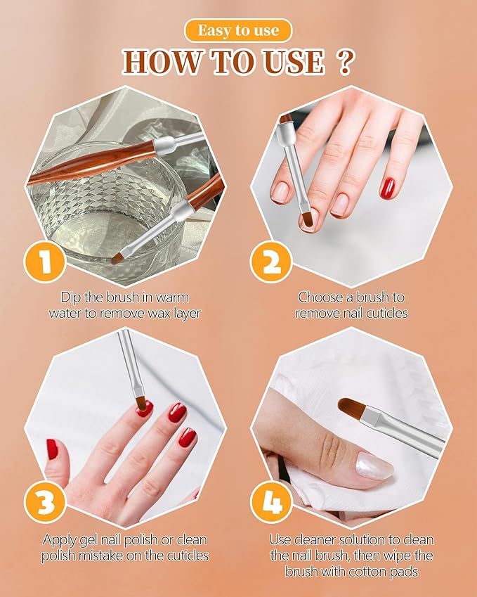 3PCS Nail Art Clean Up Brushes, Round/Angled/flat Acetone Resistant Gel Nail Polish Remover Brush, Nail Brushes for Tidying Up Polish Mishaps on Cuticles, and Nail Art Designs（Wood color）