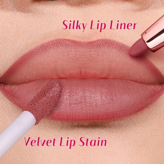 2 PCS Lip Liner and Lip Stain Combo Set, High Pigmented Long Lasting Velvet Lip Tint, Well-Defined Lipliner, Weightless Waterproof Not Animal Tested, Matte Finish Makeup