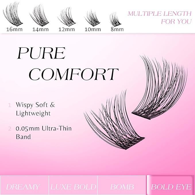 VEYESBEAUTY Lash Clusters Individual Eyelash Extensions Thin & Invisible Band DIY False Eyelashes for Self-application Newbie's Five-Second Series Wispy Lash Tray, Boldeye 8-16mm Mixed Length