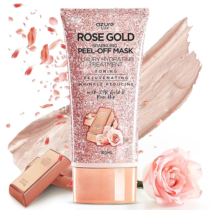 Azure Cosmetics Rose Gold Sparkling Peel-Off Face Mask – Luxury Hydrating & Firming Skincare with 24K Gold & Rose Hip Oil – Helps Reduce Fine Lines, Tone Skin & Improve Texture – 150 ml