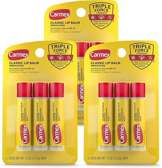 Carmex Classic Medicated Lip Balm Sticks, Lip Moisturizer for Chapped Lips, 9 Count (3 Packs of 3)