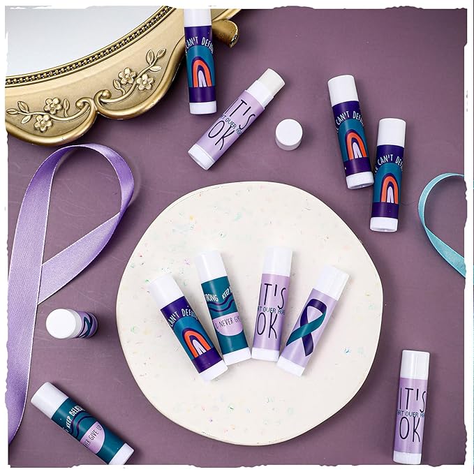 Fumete 50 Pcs Suicide Prevention Awareness Lip Balm Bulks Purple Teal Ribbon Lip Balm Mental Health Care Gift for Suicide Prevention Awareness Inspirational Favor Charity Campaign Supplies