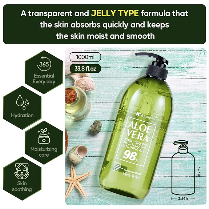 98% Aloe Vera Gel for Sunburn Relief - 33.8oz / 1000ml - Pure Aloe Vera Gel for Face, Skin and Hair - After Sun Care - Sun Burn Moisturizer Cream (33.8 Fl oz)